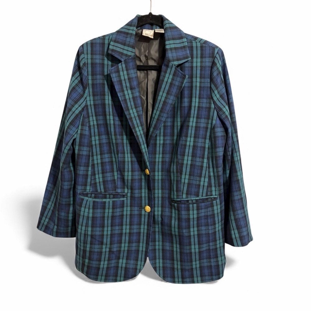 Roaman's Career Blue/Green Plaid Academia Women's‎ Blazer SZ 12W Holiday Tartan